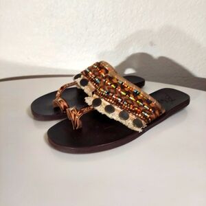 Blowfish Malibu Multicolor Beaded Tan Fringe Embellished Slip On Sandals